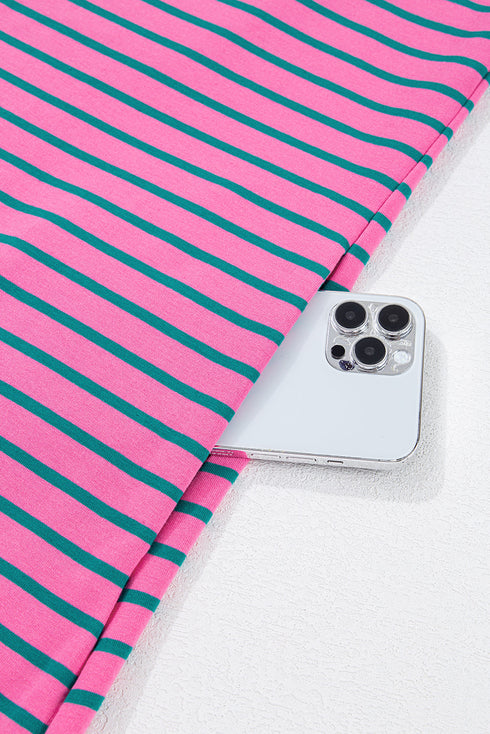 Rose Stripe Collared V Neck Puff Sleeve Shift T Shirt Dress with Pockets